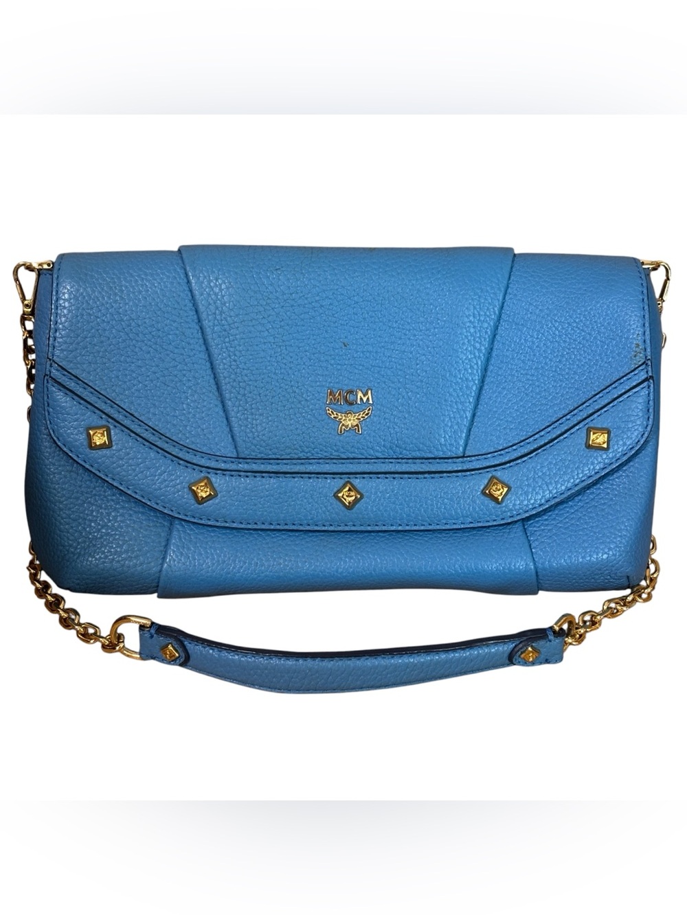 MCM Dusty Blue Pebbled Leather Shoulder Bag with Gold Chain